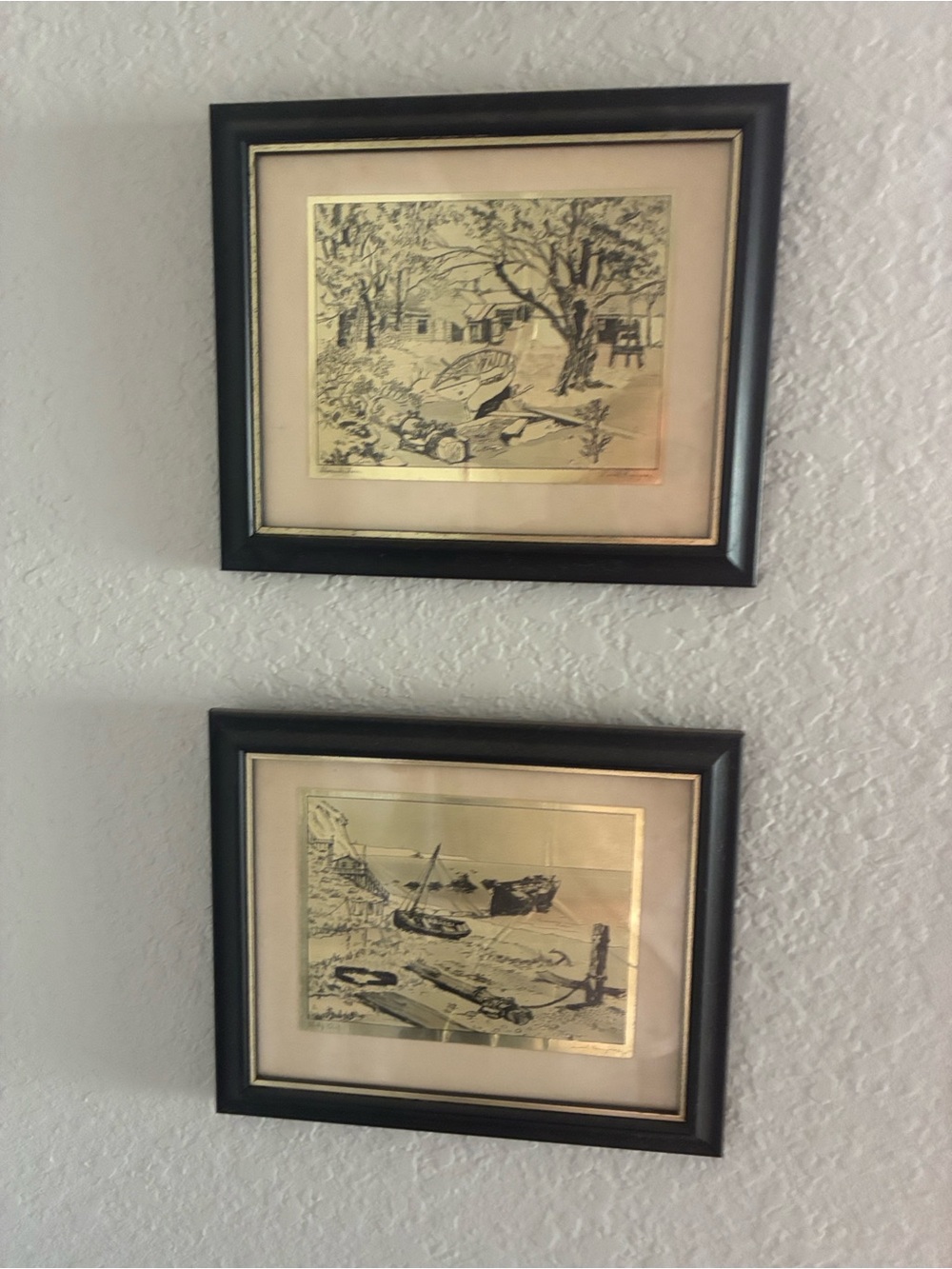 Framed Gold Accent Coastal Sketch Wall Art - Black Frame